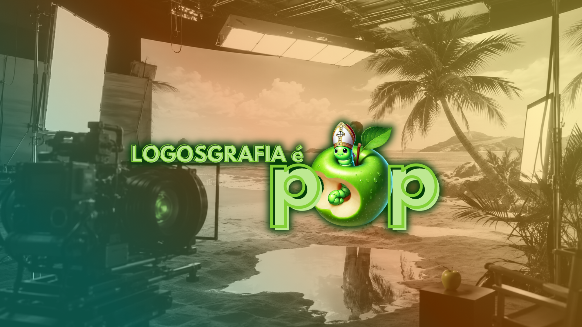 Arte da coluna Logosgrafia é pop com set de filmagem artificial, câmera profissional, praia simulada, refletores de estúdio e logotipo verde com maçã, representando a crítica ao audiovisual de plástico.