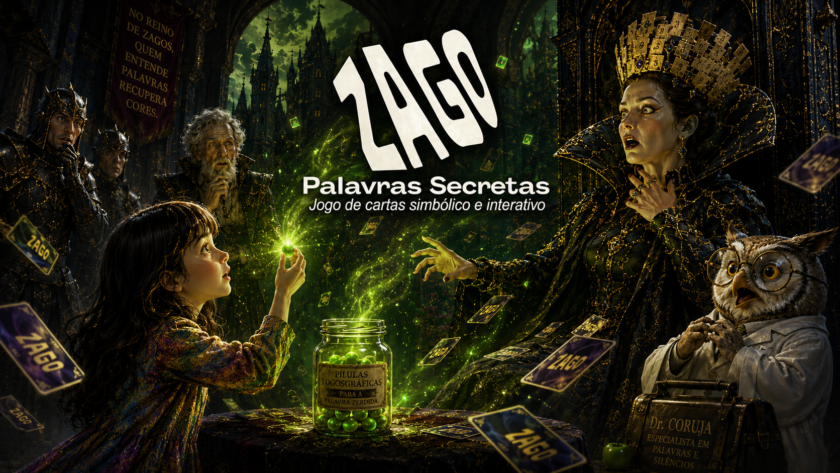 Arte promocional de ZAGO: Palavras Secretas mostrando Lia segurando uma pílula logosgráfica diante da Rainha de Zagos e do Dr. Coruja em um castelo sombrio.